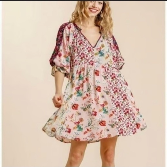 Umgee Dresses & Skirts - Umgee Hippie Dippie Boho Mixed Print Peasant Dress